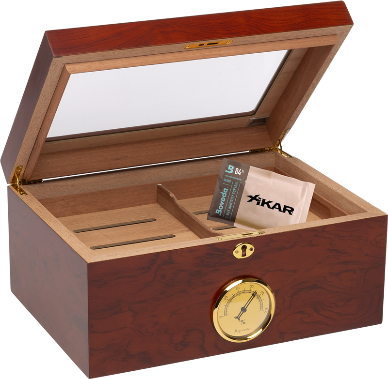 Humidor Supreme Bally Bubinga Humidor w/ Glasstop 60-105 Cigar Capacity w/ 4 Xikar-Boveda 84% Seasoning Packs