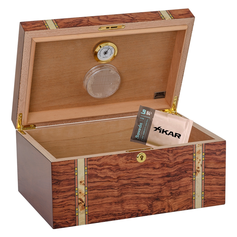 Humidor Supreme Zurich Bubinga Humidor w/ Inlay 75-140 Cigar Capacit w/ 5 Xikar-Boveda 84% Seasoning Packs