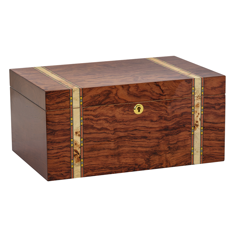 Humidor Supreme Zurich Bubinga Humidor w/ Inlay 75-140 Cigar Capacit w/ 5 Xikar-Boveda 84% Seasoning Packs