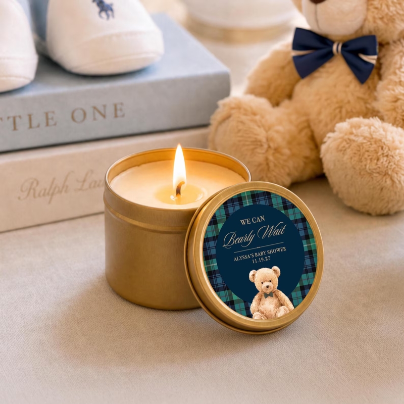 Teddy Bear Baby Shower Favor We Can Bearly Wait Candle Personalized Baby Sprinkle Favor