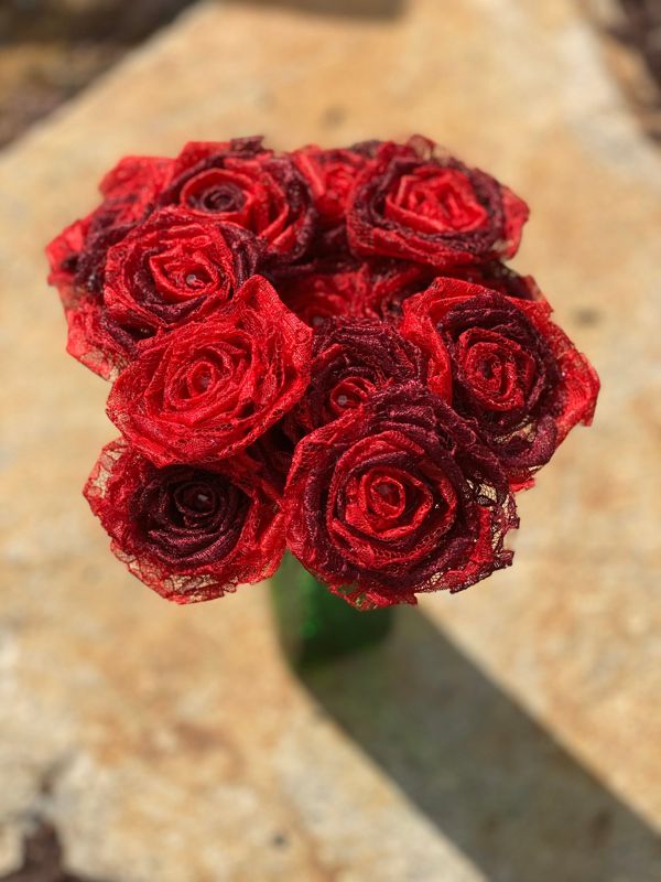 Red Ombré Lace Roses with Stems, Lace Flower Bouquet, Lace Flowers, Lace Roses, 13th Wedding Anniversary Gift, Lace Gift for Her, Thirteenth