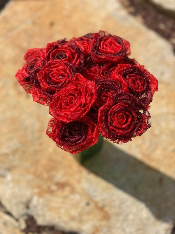 Red Ombré Lace Roses with Stems, Lace Flower Bouquet, Lace Flowers, Lace Roses, 13th Wedding Anniversary Gift, Lace Gift for Her, Thirteenth