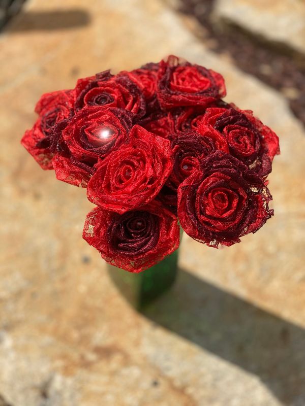 Red Ombré Lace Roses with Stems, Lace Flower Bouquet, Lace Flowers, Lace Roses, 13th Wedding Anniversary Gift, Lace Gift for Her, Thirteenth