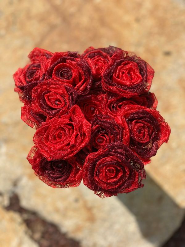 Red Ombré Lace Roses with Stems, Lace Flower Bouquet, Lace Flowers, Lace Roses, 13th Wedding Anniversary Gift, Lace Gift for Her, Thirteenth