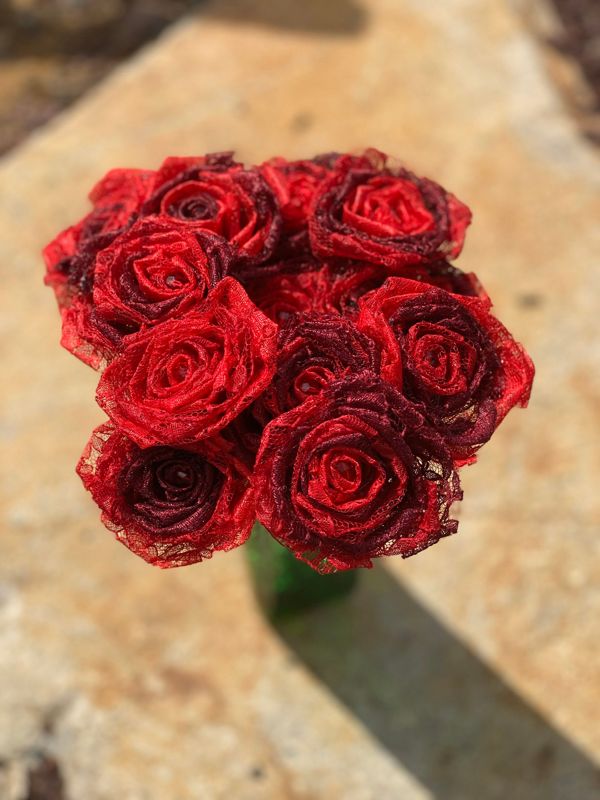 Red Ombré Lace Roses with Stems, Lace Flower Bouquet, Lace Flowers, Lace Roses, 13th Wedding Anniversary Gift, Lace Gift for Her, Thirteenth