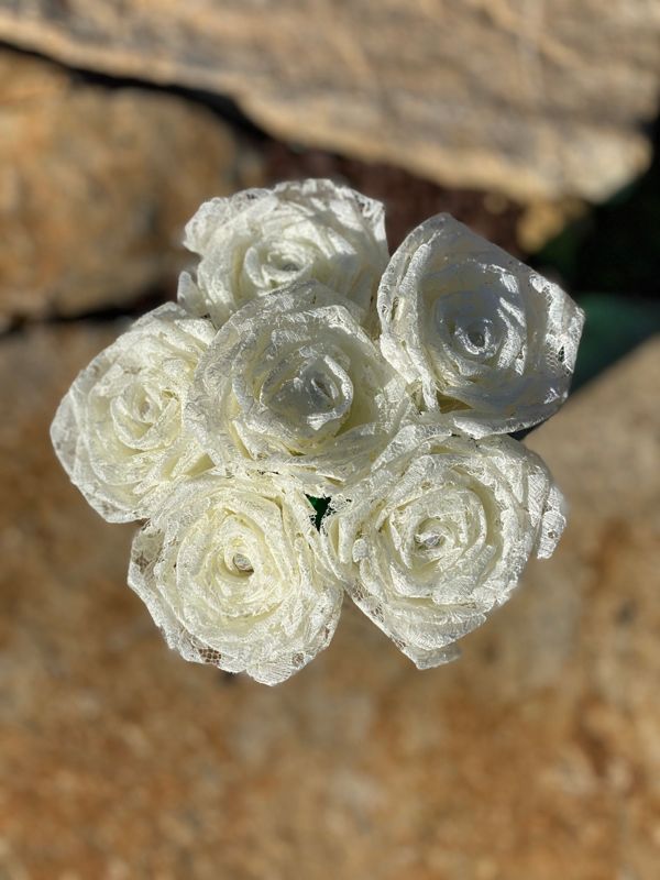 Ivory Lace Roses with Stems, Lace Flower Bouquet, Lace Flowers, Lace Roses, 13th Wedding Anniversary Gift, Lace Gift for Her, Thirteenth