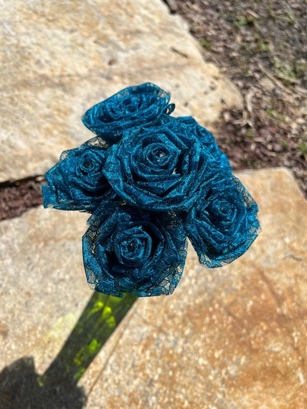 Teal Lace Roses with Stems, Lace Flower Bouquet, Lace Flowers, Lace Roses, 13th Wedding Anniversary Gift, Lace Gift for Her, Thirteenth