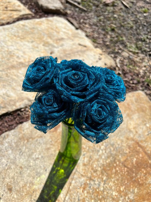 Teal Lace Roses with Stems, Lace Flower Bouquet, Lace Flowers, Lace Roses, 13th Wedding Anniversary Gift, Lace Gift for Her, Thirteenth