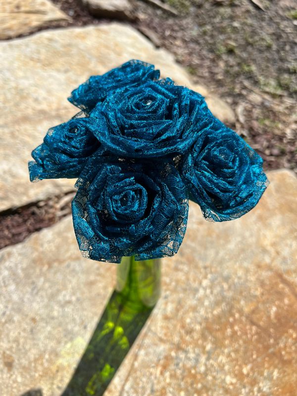 Teal Lace Roses with Stems, Lace Flower Bouquet, Lace Flowers, Lace Roses, 13th Wedding Anniversary Gift, Lace Gift for Her, Thirteenth