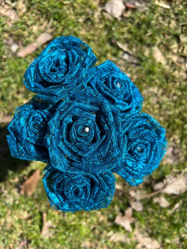 Teal Lace Roses with Stems, Lace Flower Bouquet, Lace Flowers, Lace Roses, 13th Wedding Anniversary Gift, Lace Gift for Her, Thirteenth