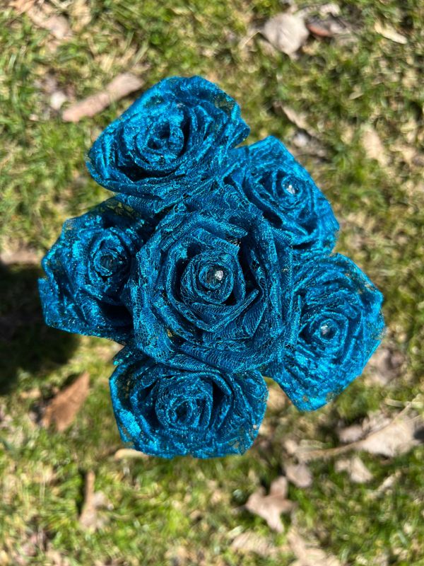 Teal Lace Roses with Stems, Lace Flower Bouquet, Lace Flowers, Lace Roses, 13th Wedding Anniversary Gift, Lace Gift for Her, Thirteenth