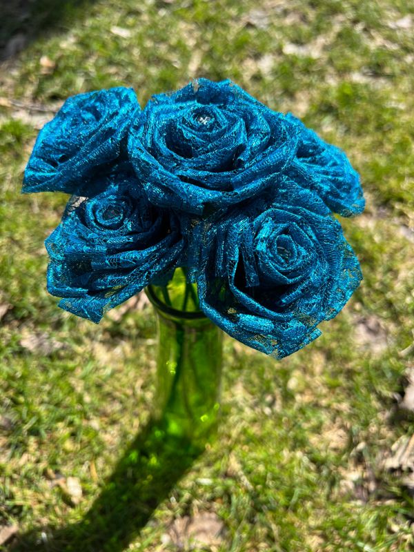 Teal Lace Roses with Stems, Lace Flower Bouquet, Lace Flowers, Lace Roses, 13th Wedding Anniversary Gift, Lace Gift for Her, Thirteenth