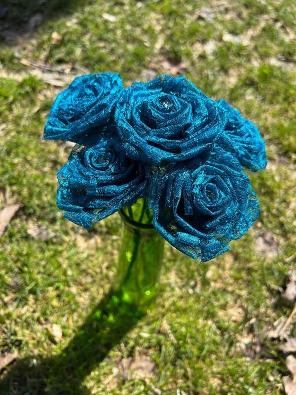 Teal Lace Roses with Stems, Lace Flower Bouquet, Lace Flowers, Lace Roses, 13th Wedding Anniversary Gift, Lace Gift for Her, Thirteenth