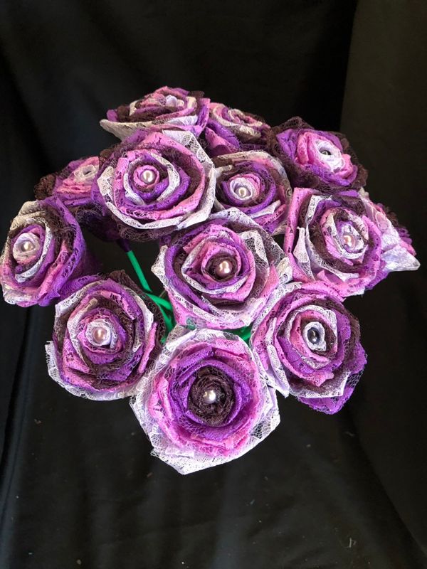 Purple Lace Roses with Stems, Lace Flower Bouquet, Purple Lace Flowers, Lace Roses, 13th Wedding Anniversary Gift, Lace Gift for Her,