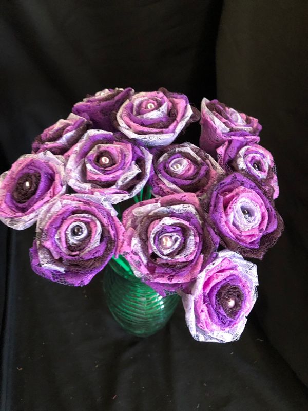 Purple Lace Roses with Stems, Lace Flower Bouquet, Purple Lace Flowers, Lace Roses, 13th Wedding Anniversary Gift, Lace Gift for Her,
