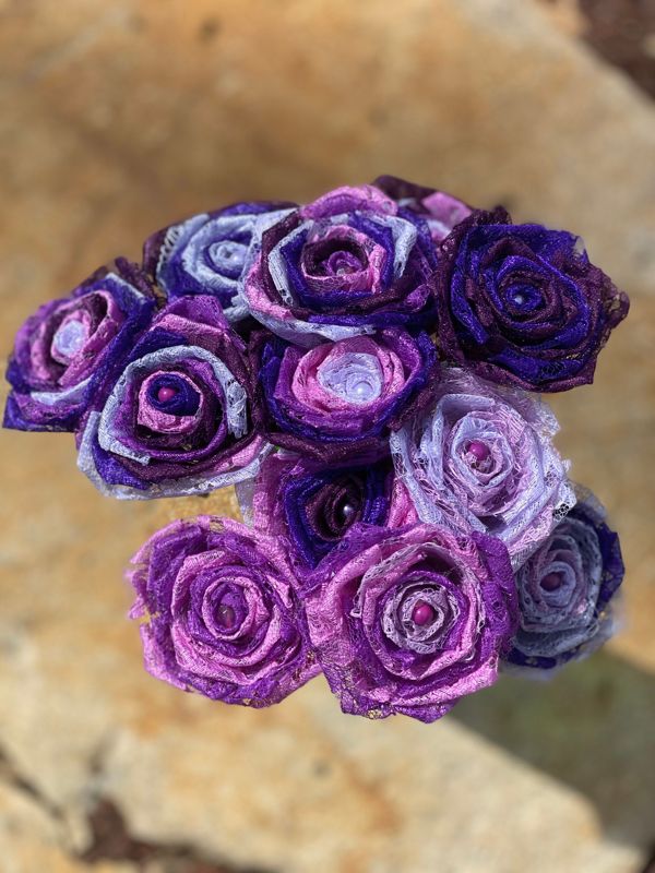 Purple Lace Roses with Stems, Lace Flower Bouquet, Purple Lace Flowers, Lace Roses, 13th Wedding Anniversary Gift, Lace Gift for Her,