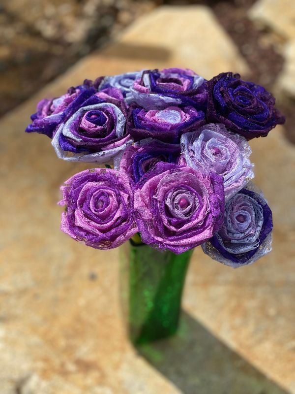 Purple Lace Roses with Stems, Lace Flower Bouquet, Purple Lace Flowers, Lace Roses, 13th Wedding Anniversary Gift, Lace Gift for Her,