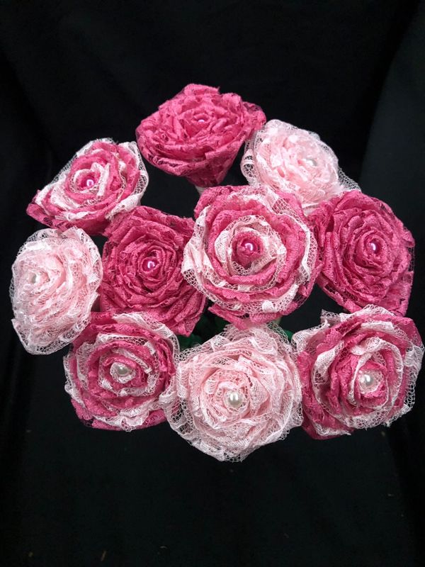 Pink Lace Roses with Stems, Pink Lace Flower Bouquet, Pink Lace Flowers, Pink Lace Roses, 13th Wedding Anniversary Gift, Lace Gift for Her