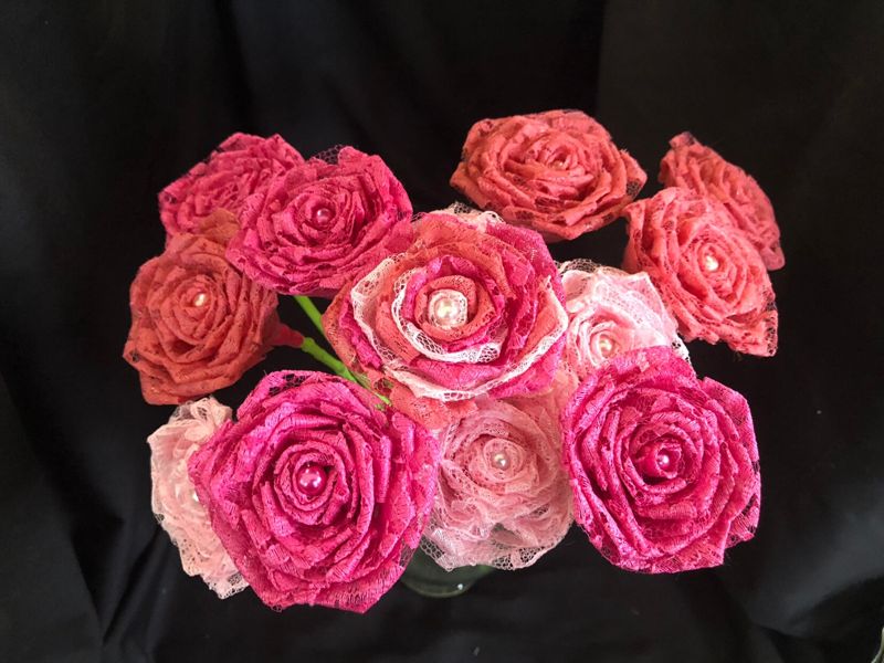 Pink Lace Roses with Stems, Pink Lace Flower Bouquet, Pink Lace Flowers, Pink Lace Roses, 13th Wedding Anniversary Gift, Lace Gift for Her