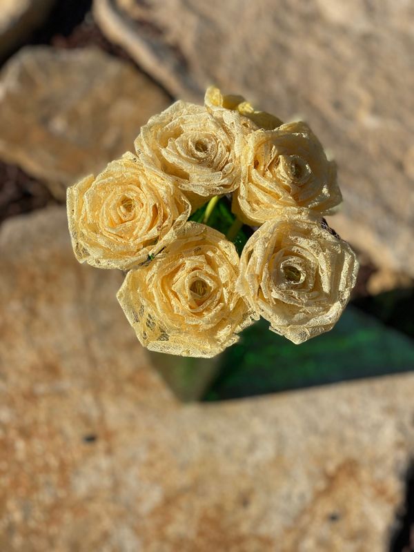 Yellow Lace Roses with Stems, Lace Flower Bouquet, Lace Flowers, Lace Roses, 13th Wedding Anniversary Gift, Lace Gift for Her, Yellow Roses