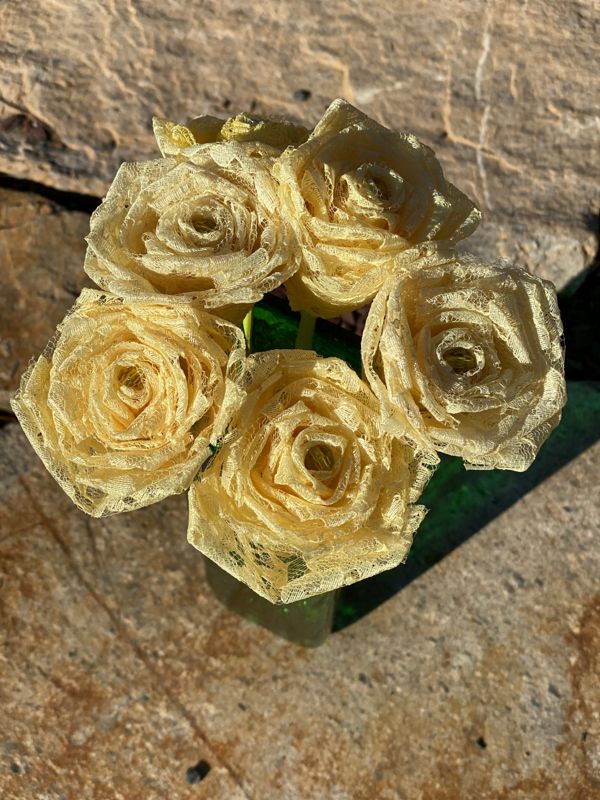 Yellow Lace Roses with Stems, Lace Flower Bouquet, Lace Flowers, Lace Roses, 13th Wedding Anniversary Gift, Lace Gift for Her, Yellow Roses