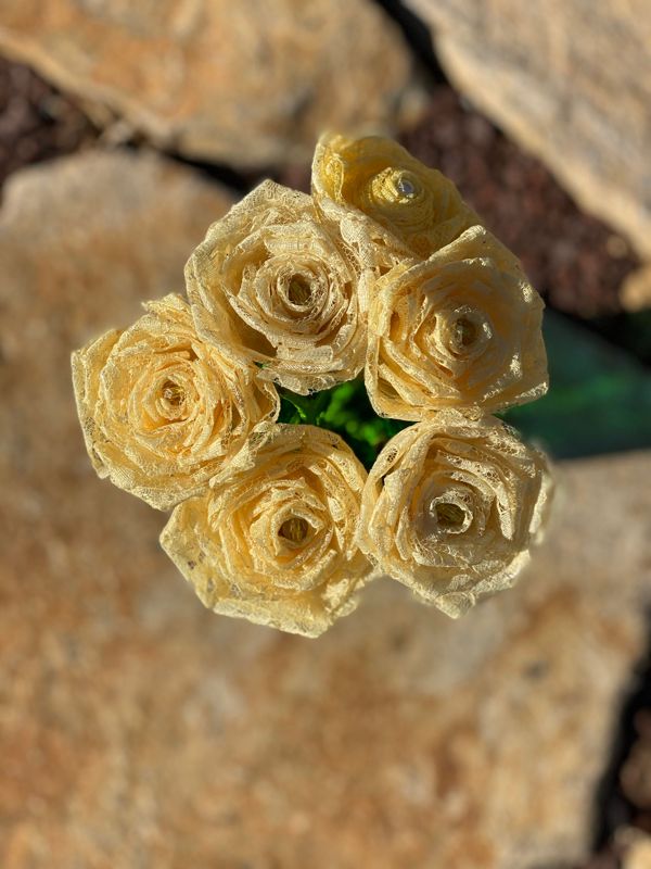 Yellow Lace Roses with Stems, Lace Flower Bouquet, Lace Flowers, Lace Roses, 13th Wedding Anniversary Gift, Lace Gift for Her, Yellow Roses
