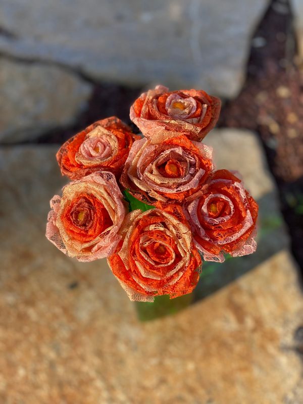 Orange Ombré Lace Roses with Stem, Lace Flower Bouquet, Lace Flower, Lace Rose, 13th Wedding Anniversary Gift, Lace Gift for Her, Thirteenth