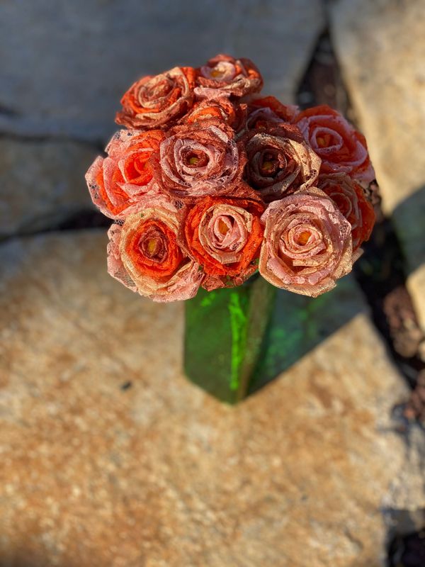 Orange Ombré Lace Roses with Stem, Lace Flower Bouquet, Lace Flower, Lace Rose, 13th Wedding Anniversary Gift, Lace Gift for Her, Thirteenth