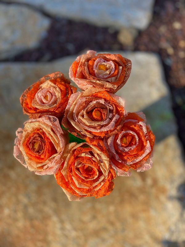 Orange Ombré Lace Roses with Stem, Lace Flower Bouquet, Lace Flower, Lace Rose, 13th Wedding Anniversary Gift, Lace Gift for Her, Thirteenth