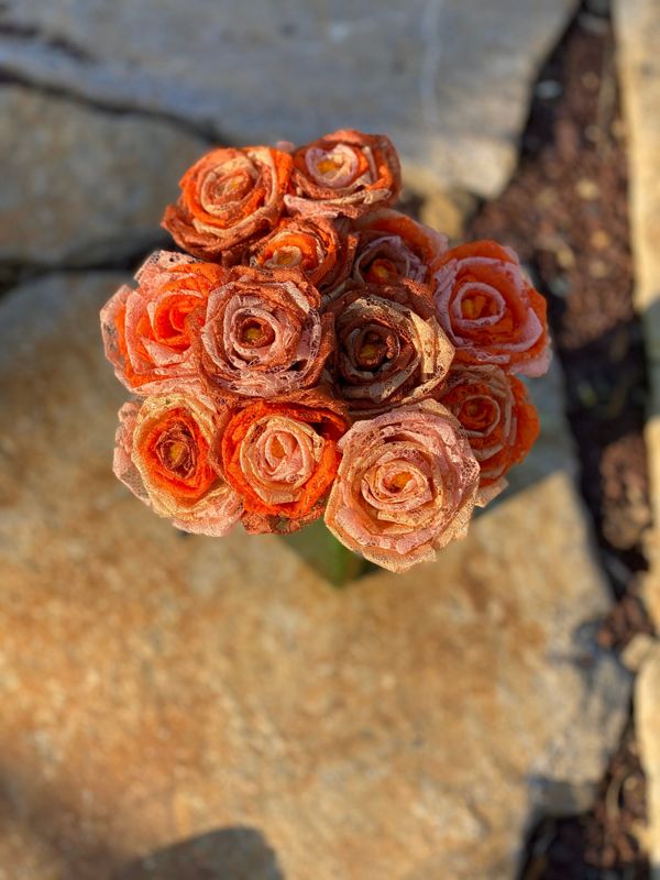 Orange Ombré Lace Roses with Stem, Lace Flower Bouquet, Lace Flower, Lace Rose, 13th Wedding Anniversary Gift, Lace Gift for Her, Thirteenth