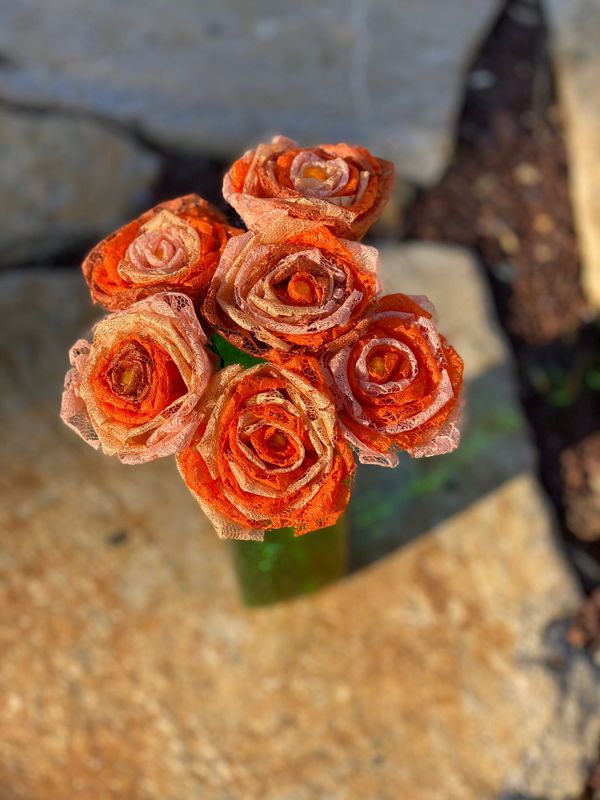 Orange Ombré Lace Roses with Stem, Lace Flower Bouquet, Lace Flower, Lace Rose, 13th Wedding Anniversary Gift, Lace Gift for Her, Thirteenth