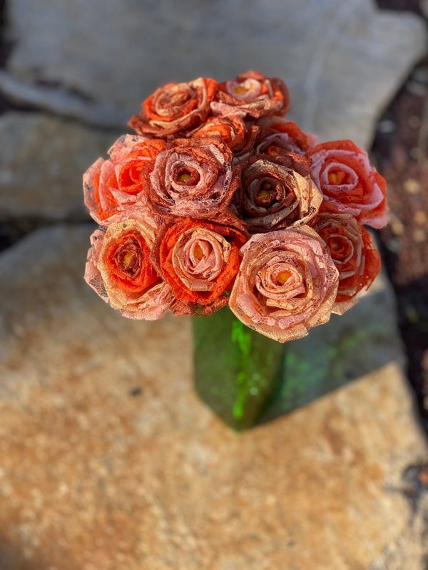 Orange Ombré Lace Roses with Stem, Lace Flower Bouquet, Lace Flower, Lace Rose, 13th Wedding Anniversary Gift, Lace Gift for Her, Thirteenth
