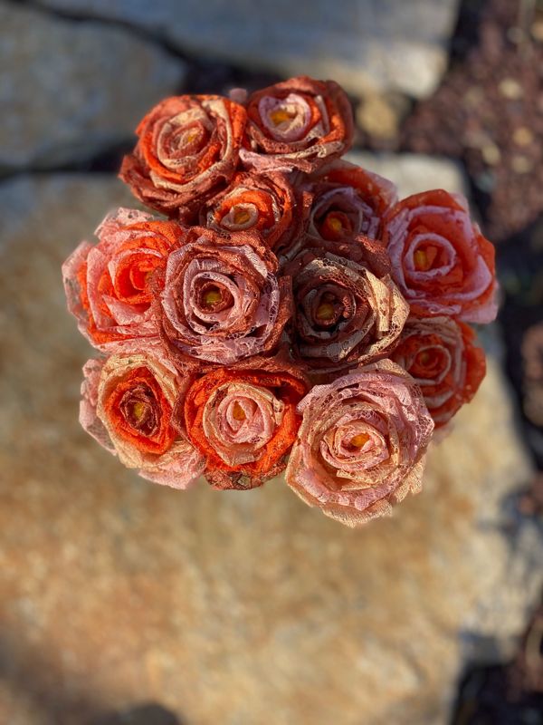 Orange Ombré Lace Roses with Stem, Lace Flower Bouquet, Lace Flower, Lace Rose, 13th Wedding Anniversary Gift, Lace Gift for Her, Thirteenth