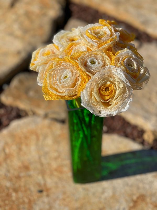 Ombré Yellow Lace Roses with Stems, Lace Bouquet, Lace Flowers, Lace Roses, 13th Wedding Anniversary Gift, Lace Gift for Her, Thirteenth
