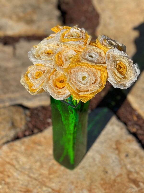 Ombré Yellow Lace Roses with Stems, Lace Bouquet, Lace Flowers, Lace Roses, 13th Wedding Anniversary Gift, Lace Gift for Her, Thirteenth