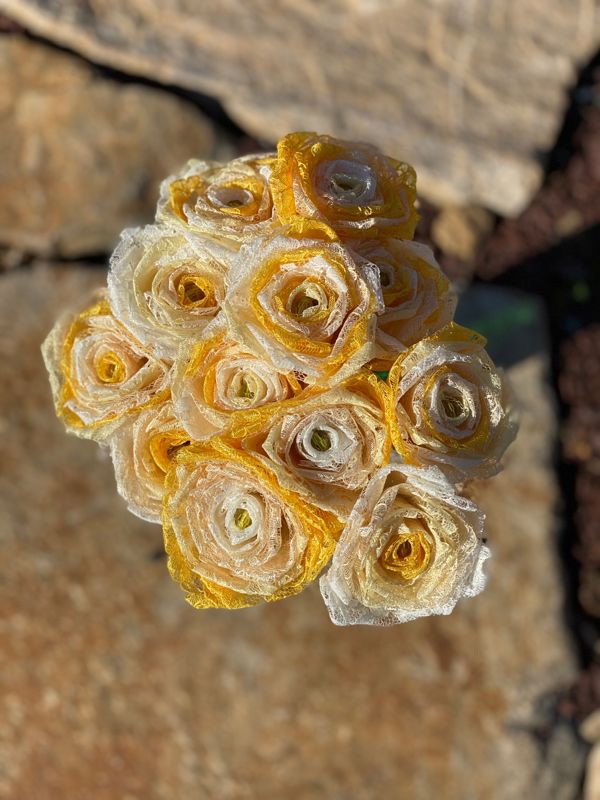 Ombré Yellow Lace Roses with Stems, Lace Bouquet, Lace Flowers, Lace Roses, 13th Wedding Anniversary Gift, Lace Gift for Her, Thirteenth