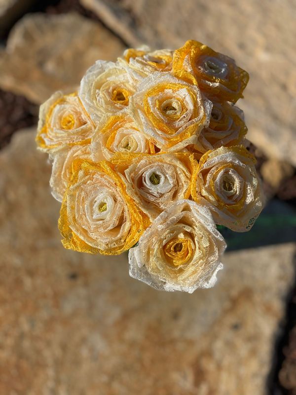 Ombré Yellow Lace Roses with Stems, Lace Bouquet, Lace Flowers, Lace Roses, 13th Wedding Anniversary Gift, Lace Gift for Her, Thirteenth