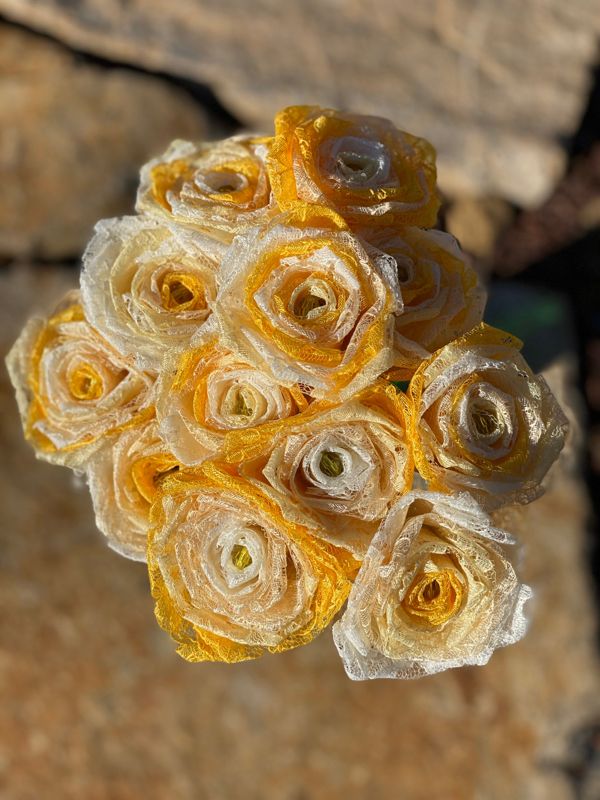 Ombré Yellow Lace Roses with Stems, Lace Bouquet, Lace Flowers, Lace Roses, 13th Wedding Anniversary Gift, Lace Gift for Her, Thirteenth