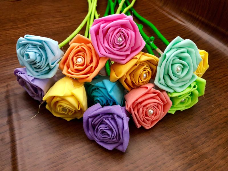 Pastel Rainbow Cotton Roses with Stems, Cotton Flower Bouquet, Pastel Rainbow Roses, 2nd Anniversary, Cotton Anniversary, Rainbow Roses