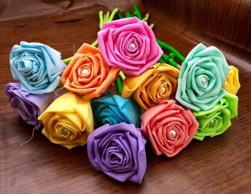 Pastel Rainbow Cotton Roses with Stems, Cotton Flower Bouquet, Pastel Rainbow Roses, 2nd Anniversary, Cotton Anniversary, Rainbow Roses