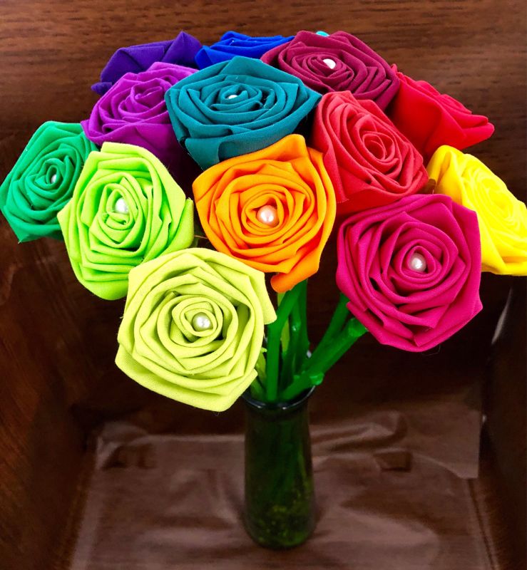 Bright Rainbow Cotton Roses with Stems, Rainbow Flower Bouquet, 2nd Anniversary, Cotton Anniversary Gift, Rainbow Roses, Second Anniversary