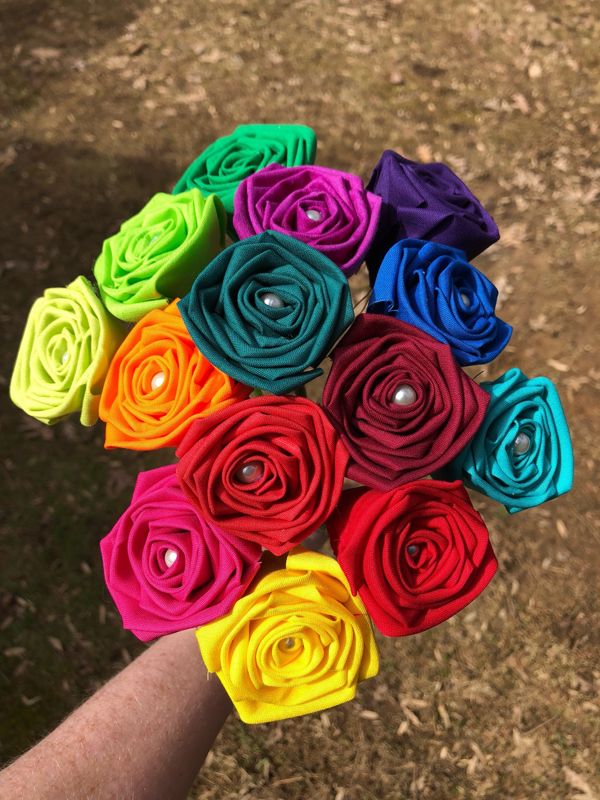 Bright Rainbow Cotton Roses with Stems, Rainbow Flower Bouquet, 2nd Anniversary, Cotton Anniversary Gift, Rainbow Roses, Second Anniversary