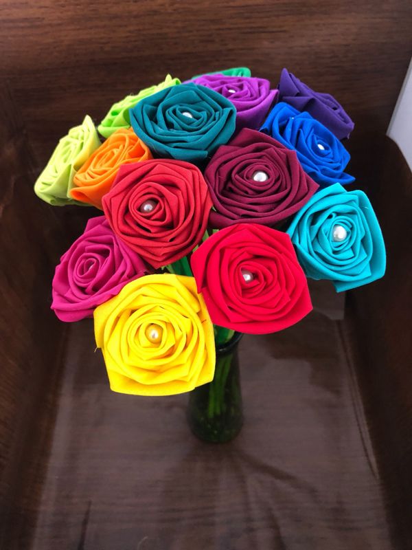 Bright Rainbow Cotton Roses with Stems, Rainbow Flower Bouquet, 2nd Anniversary, Cotton Anniversary Gift, Rainbow Roses, Second Anniversary
