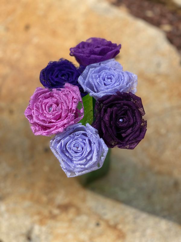 Purple Lace Roses with Stems, Lace Flower Bouquet, Lace Flowers, Lace Roses, 13th Wedding Anniversary Gift, Lace Gift for Her, Thirteenth