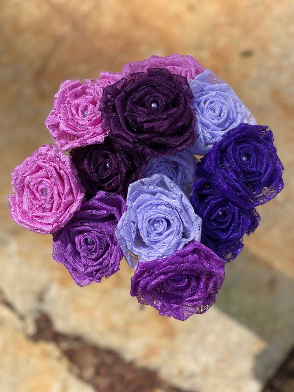 Purple Lace Roses with Stems, Lace Flower Bouquet, Lace Flowers, Lace Roses, 13th Wedding Anniversary Gift, Lace Gift for Her, Thirteenth