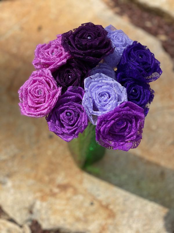 Purple Lace Roses with Stems, Lace Flower Bouquet, Lace Flowers, Lace Roses, 13th Wedding Anniversary Gift, Lace Gift for Her, Thirteenth