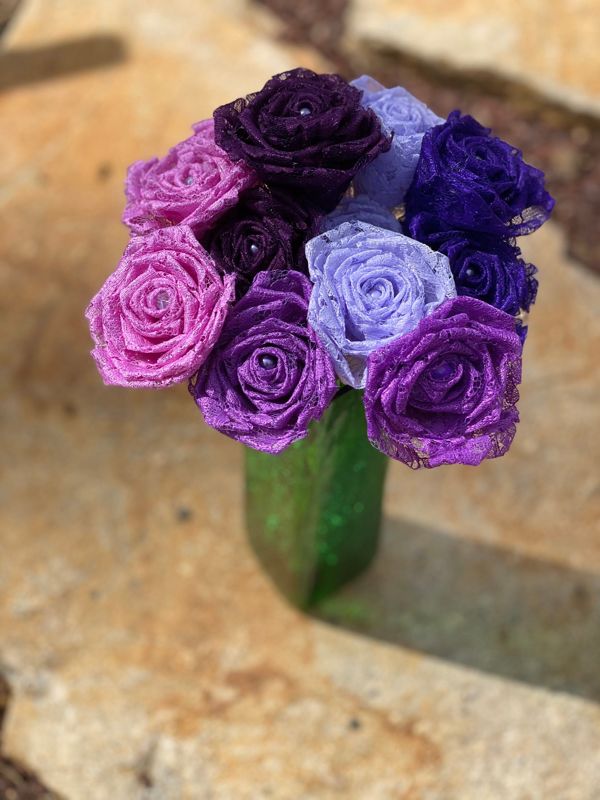 Purple Lace Roses with Stems, Lace Flower Bouquet, Lace Flowers, Lace Roses, 13th Wedding Anniversary Gift, Lace Gift for Her, Thirteenth