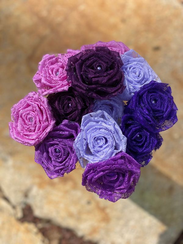 Purple Lace Roses with Stems, Lace Flower Bouquet, Lace Flowers, Lace Roses, 13th Wedding Anniversary Gift, Lace Gift for Her, Thirteenth