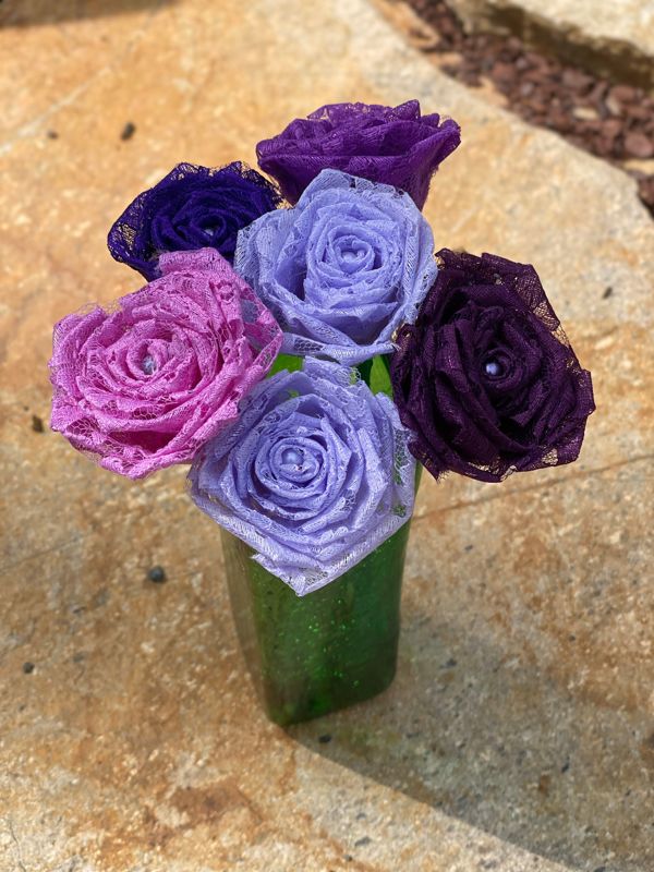 Purple Lace Roses with Stems, Lace Flower Bouquet, Lace Flowers, Lace Roses, 13th Wedding Anniversary Gift, Lace Gift for Her, Thirteenth