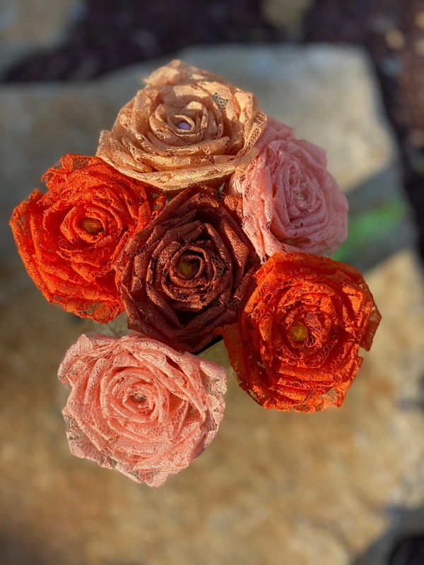 Orange Lace Roses with Stems, Lace Flower Bouquet, Lace Flowers, Lace Roses, 13th Wedding Anniversary Gift, Lace Gift for Her, Thirteenth